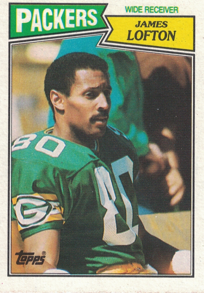 full color sports trading card: Wide Receiver James Lofton Topps card, Green Bay Packers.