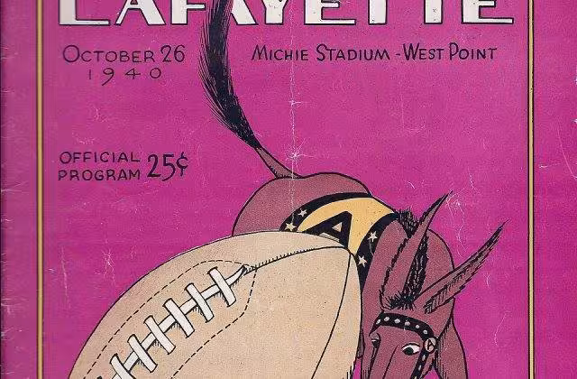 Full color purple back ground with a Army mule image with a football, The cover of the October 26, 1940 football game program between Lafayette College and the U.S. Military Academy, West Point, NY. U.S.M.A.