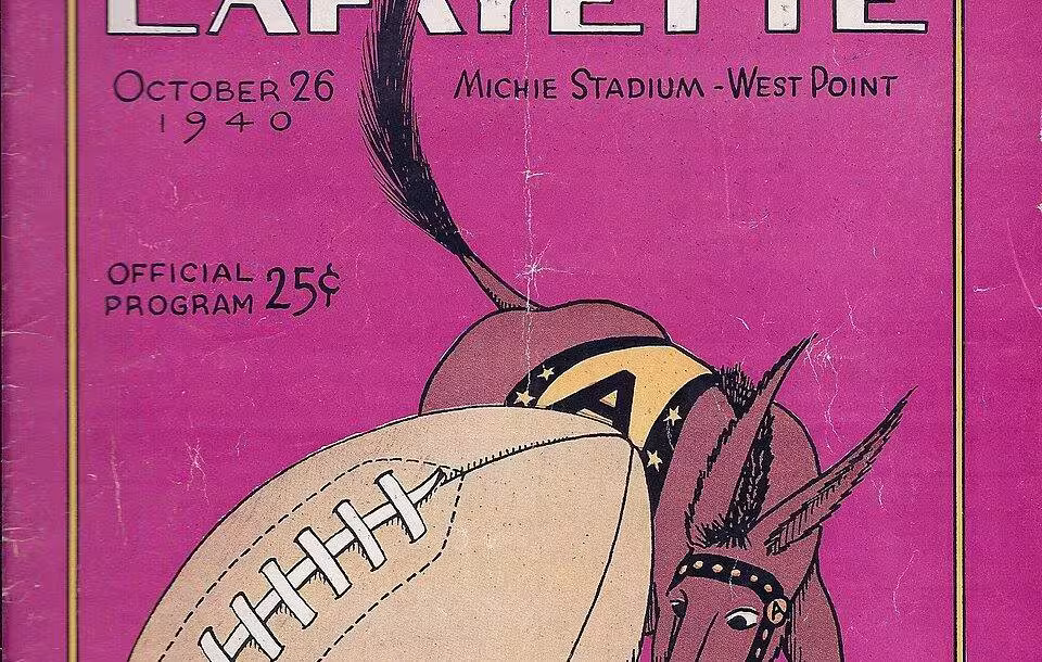 Full color purple back ground with a Army mule image with a football, The cover of the October 26, 1940 football game program between Lafayette College and the U.S. Military Academy, West Point, NY. U.S.M.A.