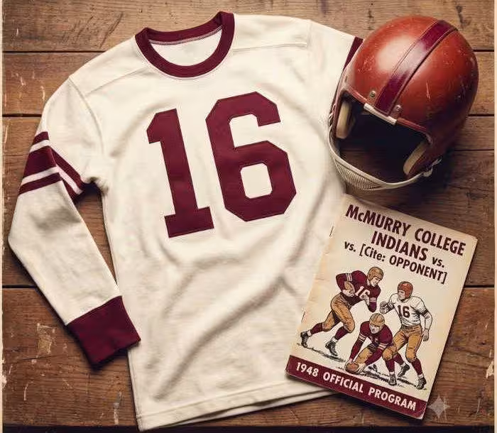 AI-generated white jersey 16 on a wooden table with a helmet and period example of a program