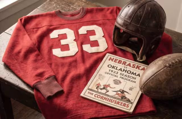 Gemini AI generated image of a 1940s-era red American football jersey 33, without a name on it, and a matching period-correct helmet, the program cover appropriate to the era and team.