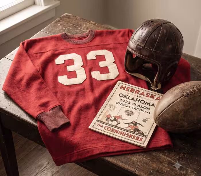 Gemini AI generated image of a 1940s-era red American football jersey 33, without a name on it, and a matching period-correct helmet, the program cover appropriate to the era and team.