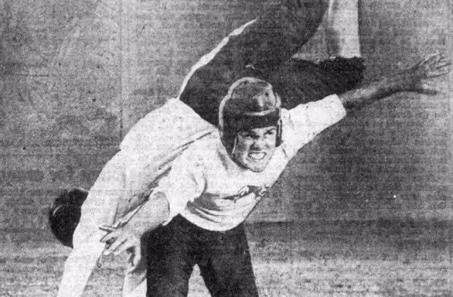 Black and white publicity photo of American football player Norm Lehnert as a member of the Los Angeles Mustangs during the 1943 season.