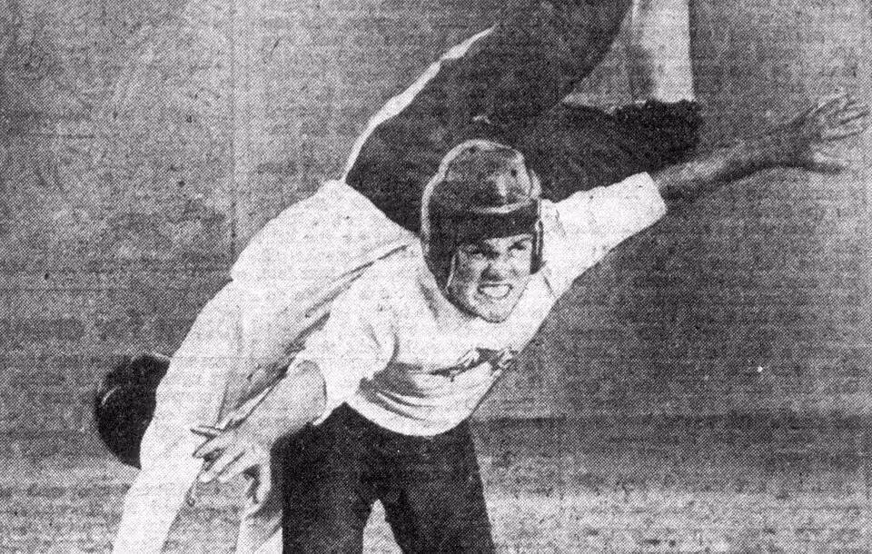 Black and white publicity photo of American football player Norm Lehnert as a member of the Los Angeles Mustangs during the 1943 season.
