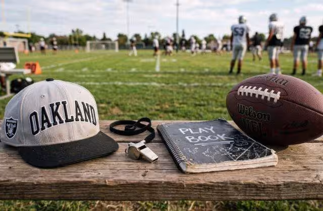 AI-created image of a silver-gray and black ball cap that says Oakland, sitting on a wooden bench next to a coach's whistle on a lanyard, and a notebook that says "play book", and a stripeless American football