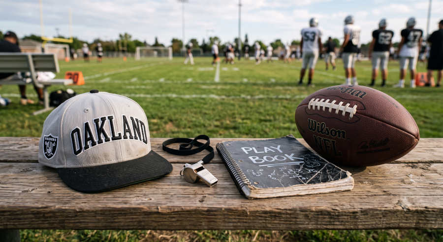 AI-created image of a silver-gray and black ball cap that says Oakland, sitting on a wooden bench next to a coach's whistle on a lanyard, and a notebook that says "play book", and a stripeless American football