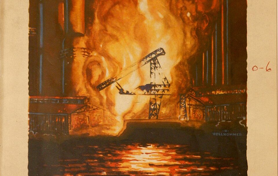 Full color artist rendering of October 27, 1928 Official Souvenir Program for the Pitt versus Carnegie Tech football game Published by the University of Pittsburgh Department of Athletics. Cover illustrated by H. Vollkommer
