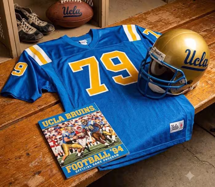 Gemini AI generated image of a 1990s-era blue American football jersey 79, without a name on it, and a matching period-correct helmet, the program cover appropriate to the era and team.