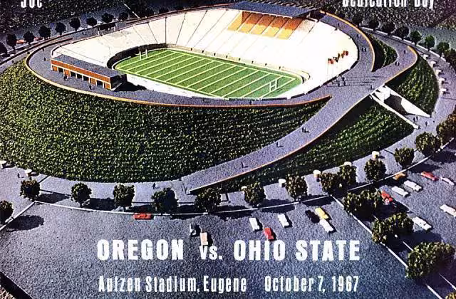 Full color imagery of a stadium, Cover of 1967 commemorative program from Oregon vs Ohio State football game. An architectural rendering of Autzen Stadium comprises the cover art