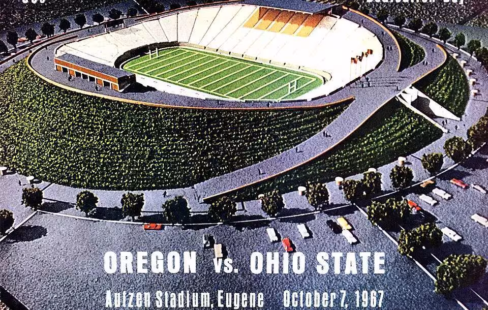 Full color imagery of a stadium, Cover of 1967 commemorative program from Oregon vs Ohio State football game. An architectural rendering of Autzen Stadium comprises the cover art