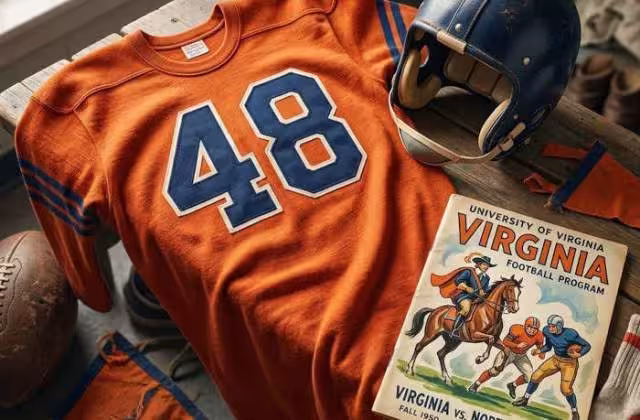 Gemini AI generated image of a 1950s-era orange American football jersey 48, without a name on it, and a matching period-correct helmet, the program cover appropriate to the era and team.