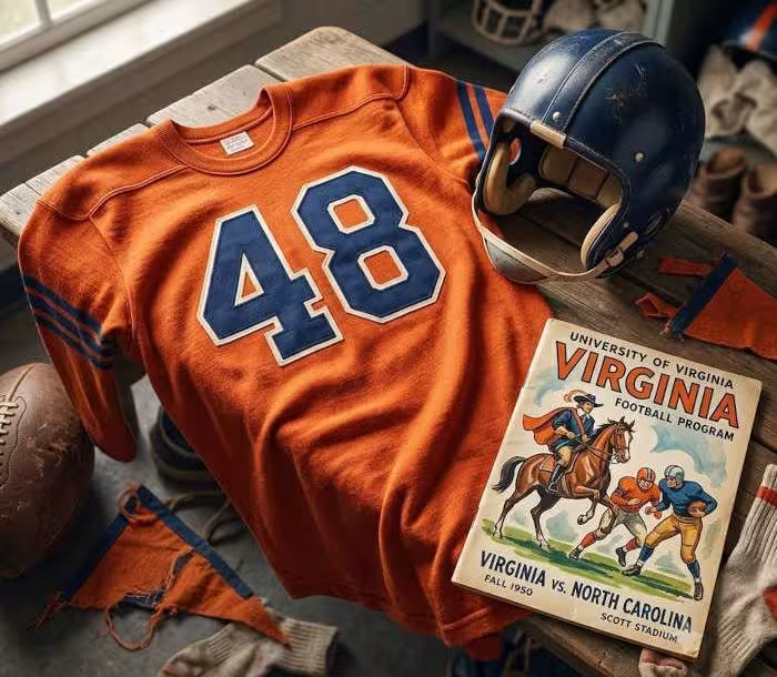 Gemini AI generated image of a 1950s-era orange American football jersey 48, without a name on it, and a matching period-correct helmet, the program cover appropriate to the era and team.