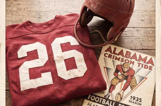 AI-generated crimson jersey 26 on a wooden table with a leather helmet and period example of a program