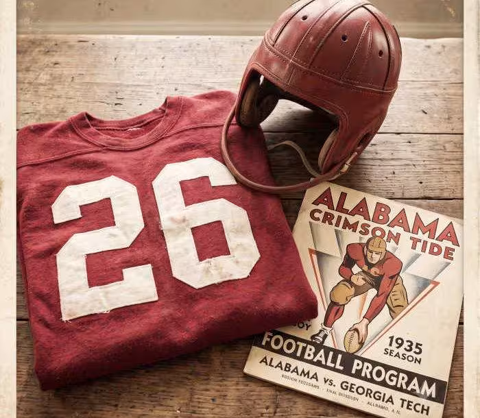AI-generated crimson jersey 26 on a wooden table with a leather helmet and period example of a program