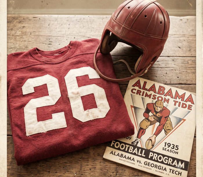 AI-generated crimson jersey 26 on a wooden table with a leather helmet and period example of a program