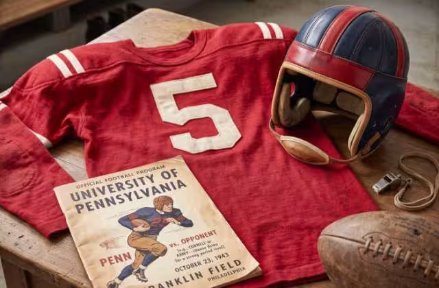 Gemini AI generated image of a 1940s-era red American football jersey 5, without a name on it, and a matching period-correct helmet, the program cover appropriate to the era and team.
