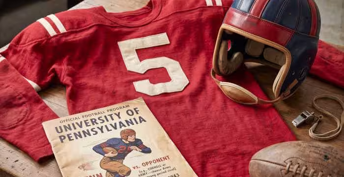 Gemini AI generated image of a 1940s-era red American football jersey 5, without a name on it, and a matching period-correct helmet, the program cover appropriate to the era and team.