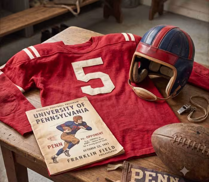 Gemini AI generated image of a 1940s-era red American football jersey 5, without a name on it, and a matching period-correct helmet, the program cover appropriate to the era and team.
