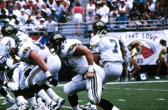 Full color pregame warm up of the Jacksonville Jaguars running some plays in 1995
