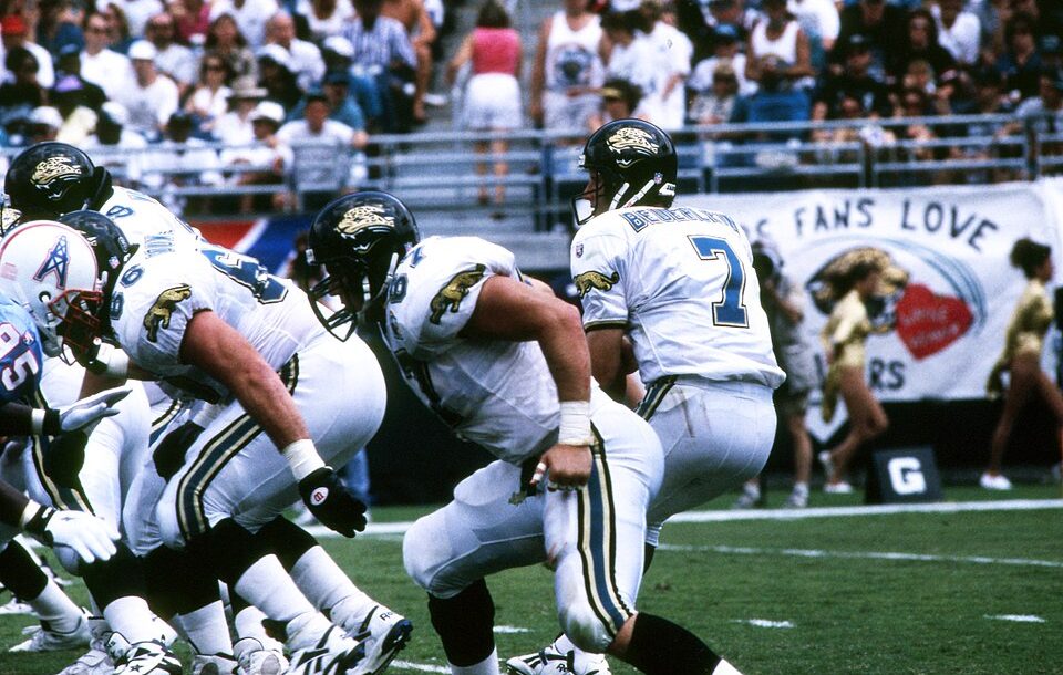 Full color pregame warm up of the Jacksonville Jaguars running some plays in 1995