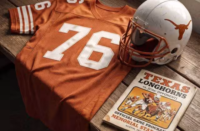 AI-generated burnt orange jersey 76 on a wooden table with a leather helmet and period example of a program