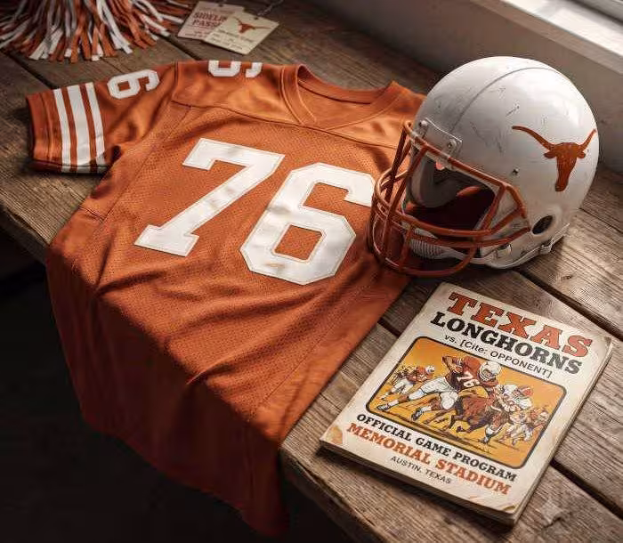 AI-generated burnt orange jersey 76 on a wooden table with a leather helmet and period example of a program