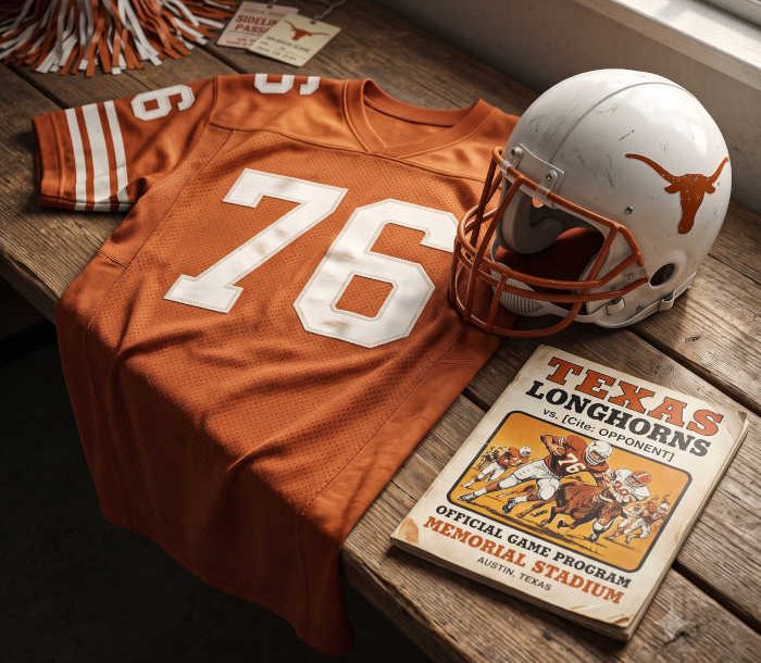 AI-generated burnt orange jersey 76 on a wooden table with a leather helmet and period example of a program