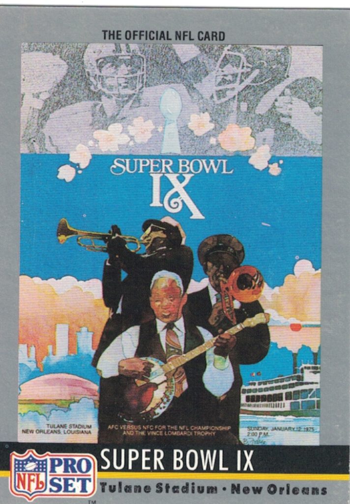 Full color Pro Set card of Super Bowl IX program cover.