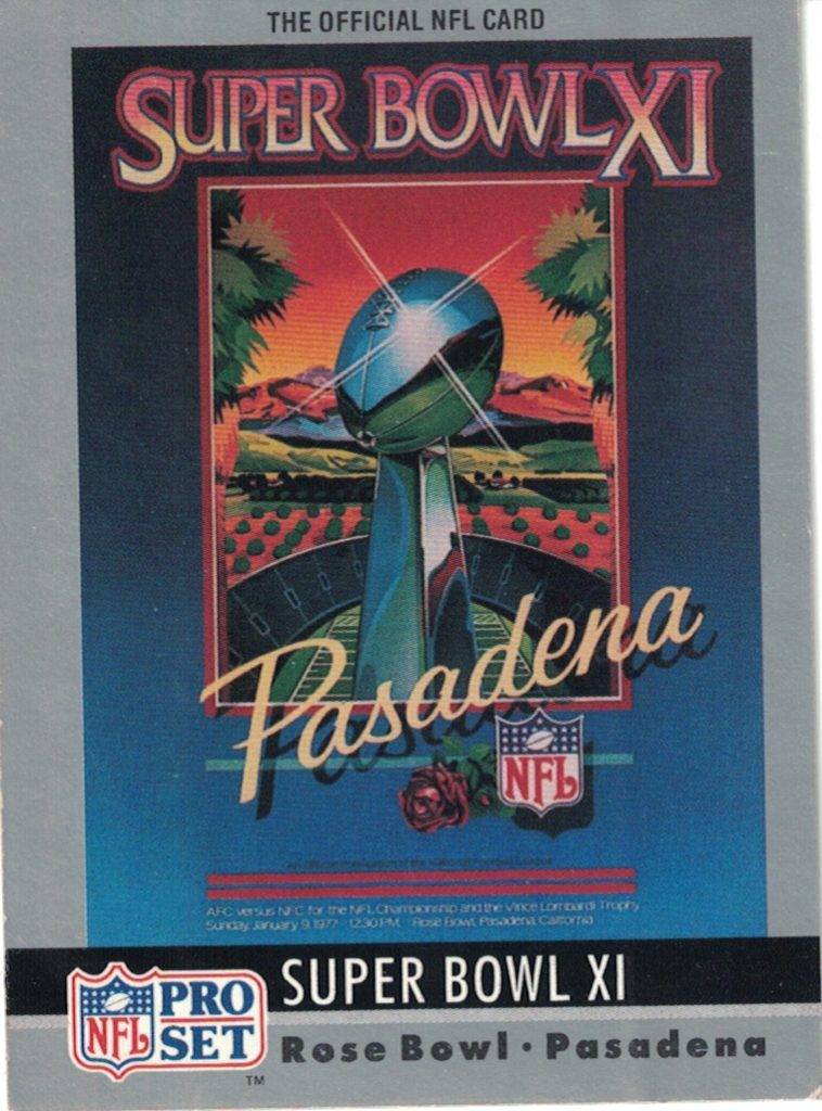 An artists rendering of the Lombardi Trophy set behind a lanscape of the Rose Bowl for the Super Bowl XI poster