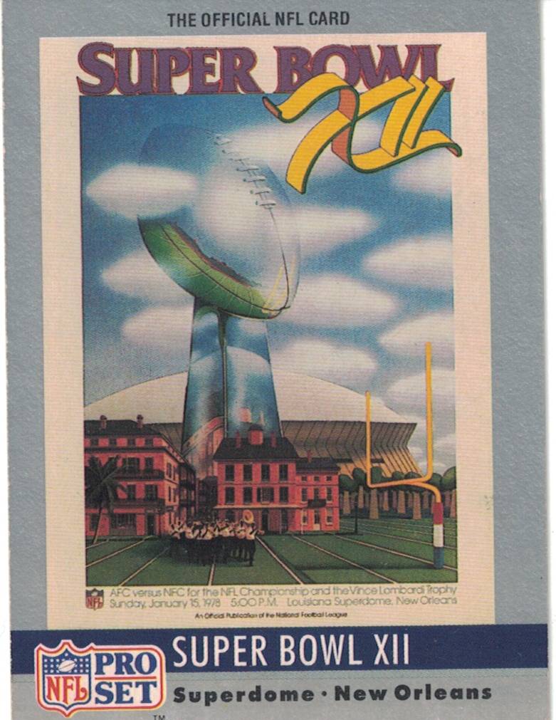 Full color trading card depicting and artists rendering of the Lombardi Trophy embossed in the Super Dome and otherNew Orleans landmarks