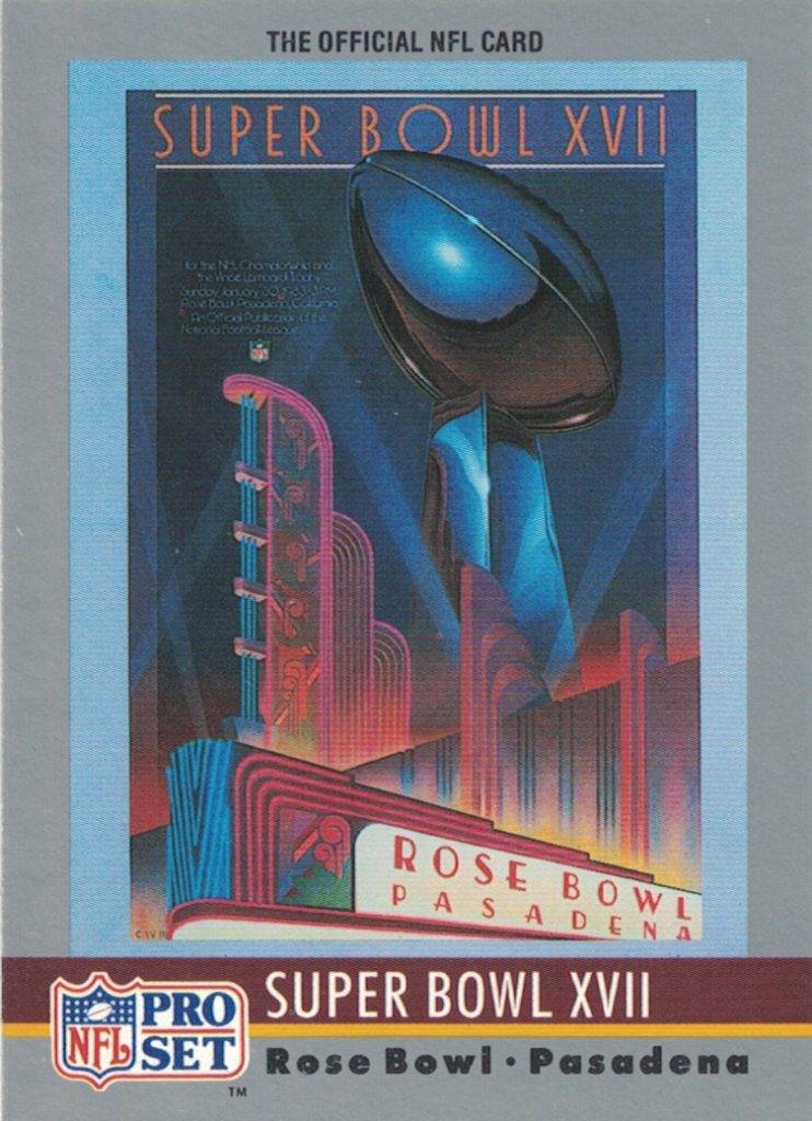 An artists rendering of the Lombardi Trophy set behind a marquis of the Rose Bowl for the Super Bowl XVII poster