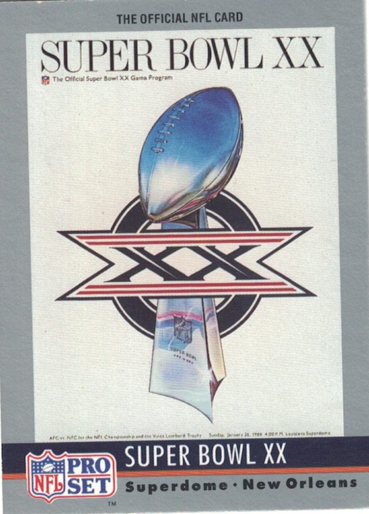 Full color trading card of Pro Set card of Super Bowl XX program cover. The Lombardi Trophy embossed with "XX"