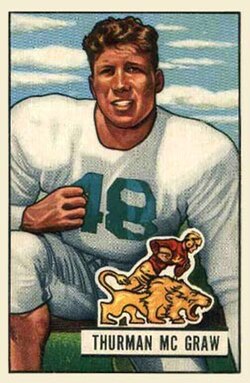 Full color drawn trading card of McGraw on a 1951 Bowman football card