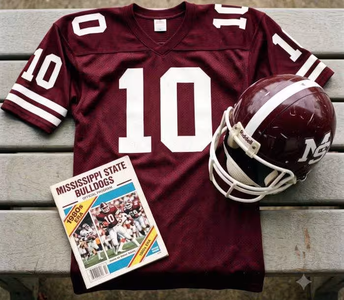 AI-generated crimson jersey 10 on a wooden table with a crimson "M" helmet and period example of a program