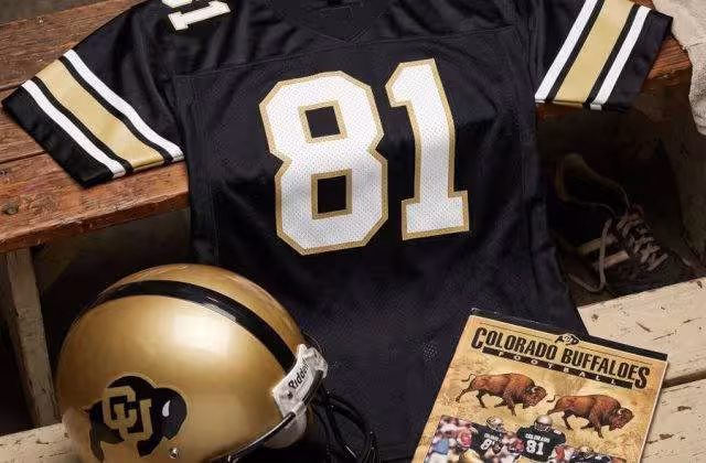 AI-generated black jersey 81 on a wooden table with a black "Buffalo" emblem on a gold helmet and period example of a program