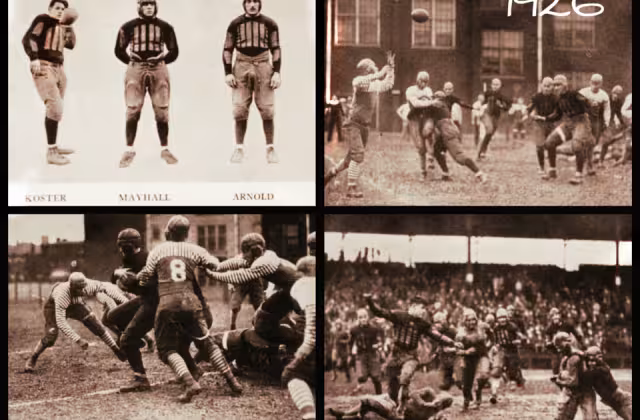 Collage of black and white photos honoring The 1926 University of Louisville Season at a glance. The 1926 football team would see success thanks to the direction of the AD/Head Coach Tom King