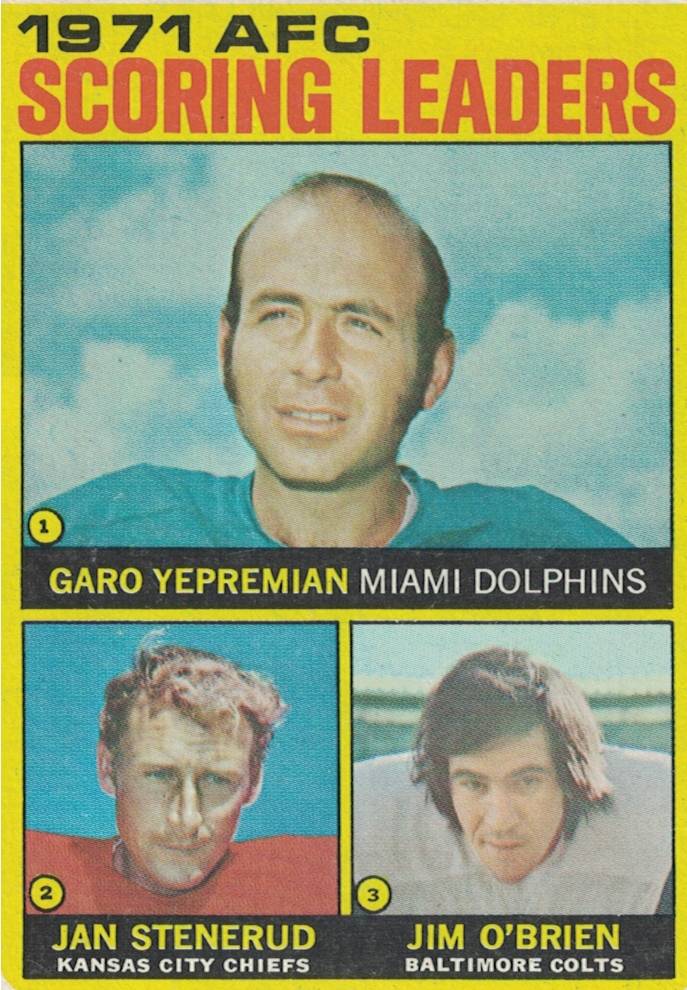AFC Scoring leaders from the 1971 NFL season included Garo Yepremian, Jan Stenerud, and Jim O'Brien. T.C. G Cards