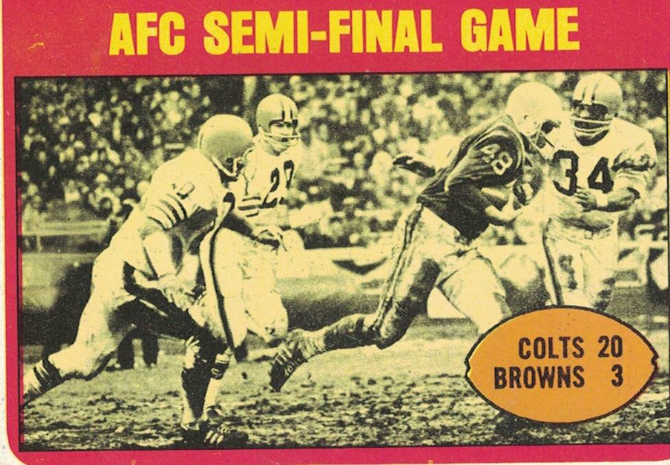 Colts RB Don Nottingham (number 48) earning some tough yards against the Browns in the Trading card showing the Baltimore's victory over Cleveland on December 26, 1971. Darin Hayes' personal collection.