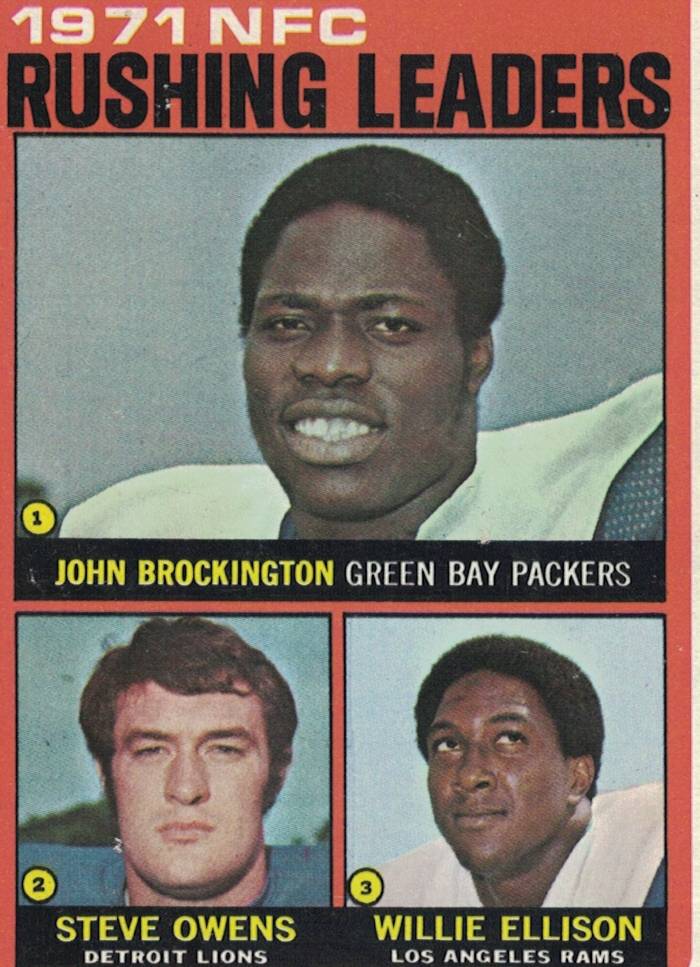 Full color 1971 Rushing leaders: John Brockington, Steve Owens, and Willie Ellison. T.C.G. Trading card from Darin Hayes' personal collection.