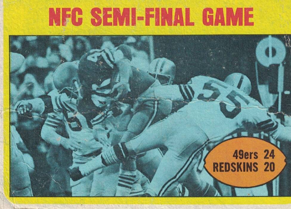 Semi-Colored trading card of 49ers RB Ken Willard (number40) earning some tough yards in the Trading card showing the Dallas victory over the Vikings on December 26, 1971. Darin Hayes' personal collection.