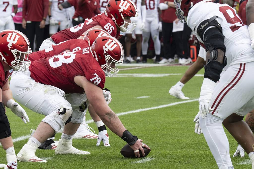 Offensive MVP Pat Coogan prepares to snap the ball for Indiana during the 2026 Rose Bowl