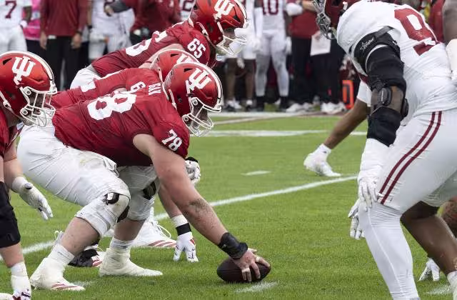 Offensive MVP Pat Coogan prepares to snap the ball for Indiana during the 2026 Rose Bowl