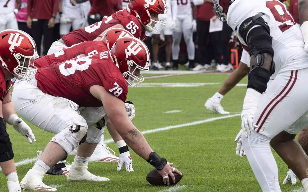 Offensive MVP Pat Coogan prepares to snap the ball for Indiana during the 2026 Rose Bowl