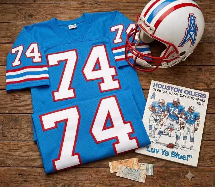 Gemini AI generated image of a 1980s-era blue American football jersey 74, without a name on it, and a matching period-correct helmet, the program cover appropriate to the era and team.