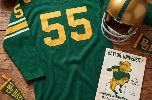 Gemini AI generated image of a 1954-era dark green American football jersey 55, without a name on it, and a matching period-correct helmet, the program cover appropriate to the era and team.