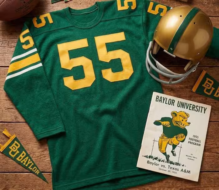 Gemini AI generated image of a 1954-era dark green American football jersey 55, without a name on it, and a matching period-correct helmet, the program cover appropriate to the era and team.