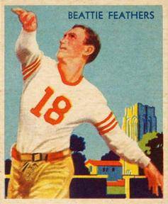 Full color hand drawn image of A football card of Beattie Feathers from the 1935 National Chicle Football set.