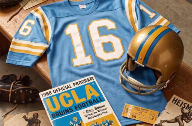 Gemini AI generated image of a 1960s-era blue American football jersey 16, without a name on it, and a matching period-correct helmet, the program cover appropriate to the era and team.