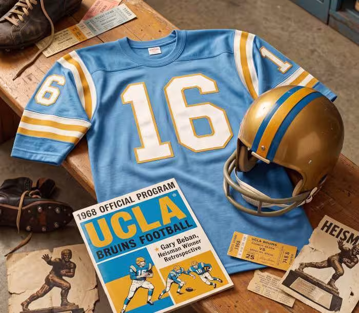 Gemini AI generated image of a 1960s-era blue American football jersey 16, without a name on it, and a matching period-correct helmet, the program cover appropriate to the era and team.