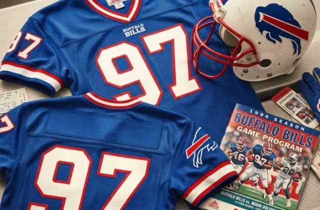 Gemini AI-created image of a 1996-era Buffalo NFL American football jersey 97, without a name on it, and a matching period-correct helmet, the program cover appropriate to the era and team.